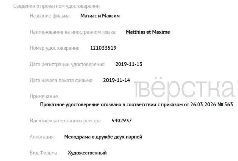 С 1 марта Министерство культуры лишило прокатных удостоверений как минимум семь картин — три зарубежные с ЛГБТ-тематикой и четыре российских фильма. В ведомом реестре не указаны причины отзывов.