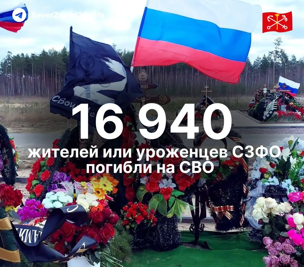 По предварительным подсчётам, не менее 16 940 человек из Северо‑Западного федерального округа погибли в СВО; данные собраны из открытых источников и будут обновляться еженедельно.